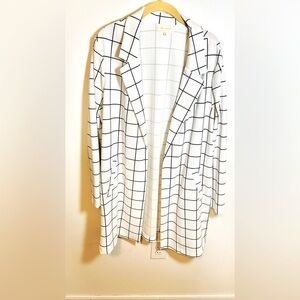 White & Black Plaid Print Open Front Lightweight Blazer Longline Workwear Size L
